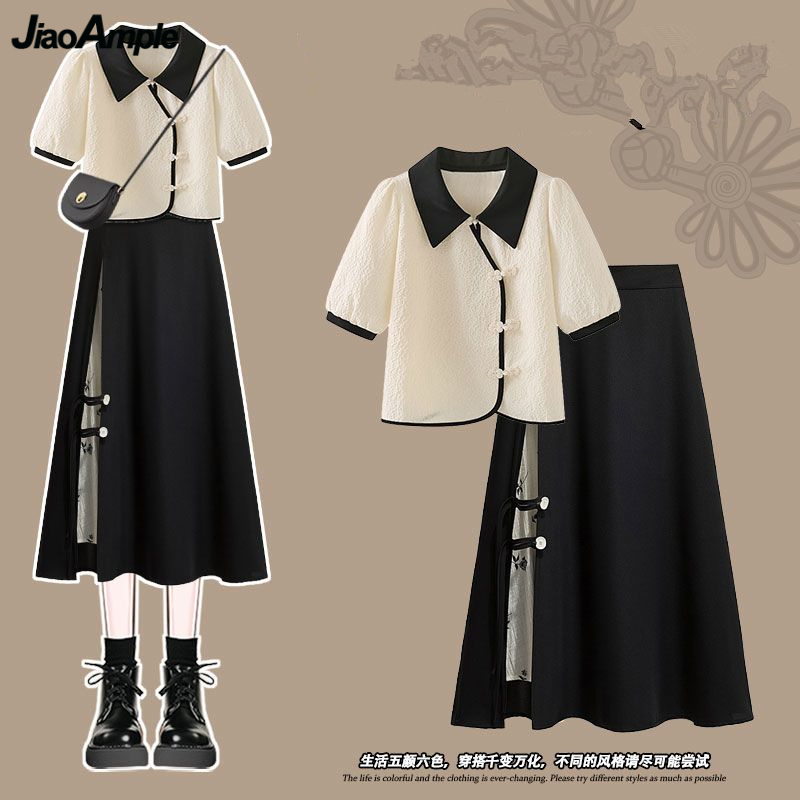 Polo Shirt Slim - 2025 ฤดูร้อนสไตล์จีนผู้หญิงสง่างามเสื้อกระโปรง 1 หรือ 2 ชิ้นชุดเลดี้เสื้อแขนสั้นกระโปรงสีดําชุดเสื้อใหม่