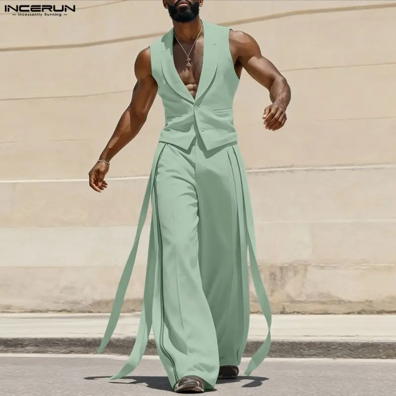 Mens Fashion Vest - INCERUN ชุดเซ็ตผู้ชาย สีพื้น คอวี เสื้อกั๊กแขนกุดและกางเกงพร้อมเข็มขัด ชุดสองชิ้น