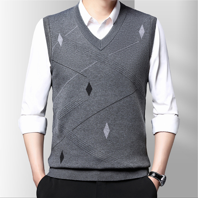 Men'S Fashion Korea - เสื้อสเวตเตอร์ลำลองแขนกุดผ้าแจ็คการ์ดคอวีสำหรับผู้ชาย, เสื้อแขนกุดอบอุ่นแฟชั่นเกาหลีลำลองใหม่ฤดูใบไม้ผลิ
