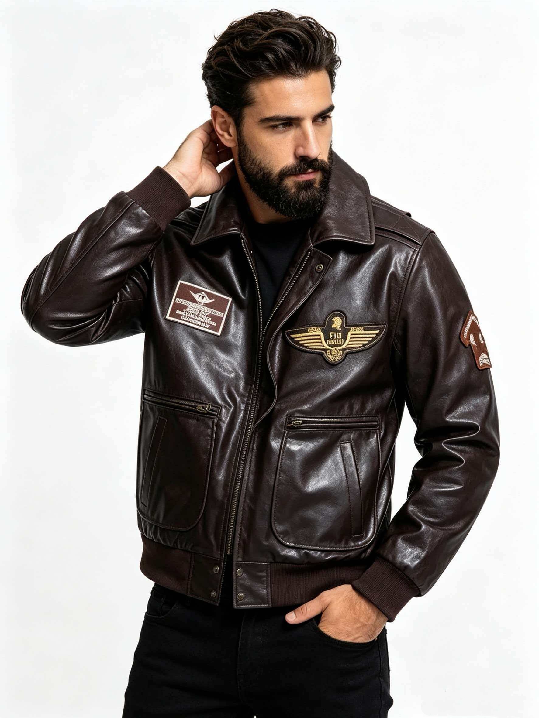 Bomber Jacket Men - เสื้อแจ็คเก็ตนักบินหนังแท้สำหรับผู้ชาย | แพทช์ปักลายหนังแท้ แจ็คเก็ตนักบิน G-1 สีน้ำตาลเคลือบเงา