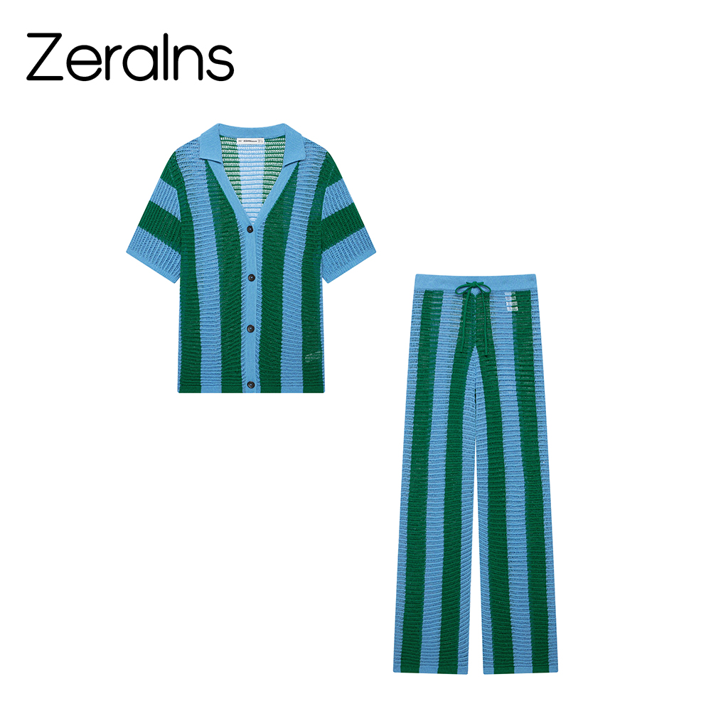 Polo Shirt Slim - เสื้อโปโลแขนสั้นลายทางถักนิตติ้งสไตล์ยุโรปและอเมริกาสำหรับผู้หญิง คอลเลคชั่นใหม่ปี 2026 พร้อมกางเกงขายาวเป็นชุดเซ็ต