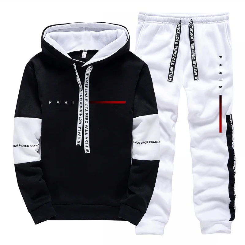 Paris Fashion Men - ชุดฮู้ดดี้แฟชั่นสไตล์ปารีสสำหรับผู้ชาย เสื้อฮู้ดและกางเกงขายาวลำลอง ใส่ได้ทุกฤดู เหมาะสำหรับใส่ในชีวิตประจำวัน ออกกำลังกาย หรือเล่นกีฬา