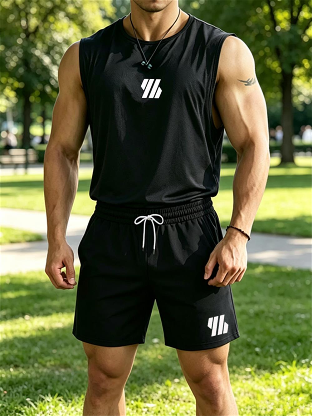 Mens Fashion Vest - ชุดกีฬาผู้ชายแบรนด์ใหม่ปี 2026 เสื้อกั๊กคอกลมพิมพ์ลายทันสมัย/กางเกงขาสั้นระบายอากาศ