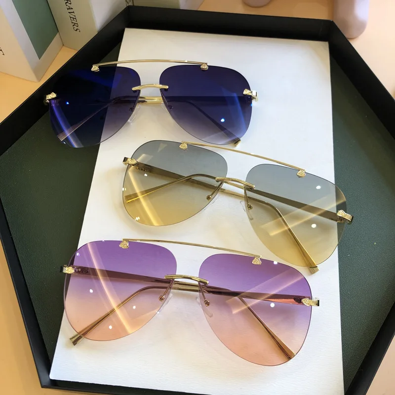 Men'S Fashion Rimless Glasses - แว่นกันแดดทรงนักบินวินเทจไร้กรอบโลหะผสมสำหรับผู้ชาย แบรนด์ดัง แว่นกันแดดไล่เฉดสีสำหรับผู้หญิง ทรงวงรีโลหะ สีดำ สีน้ำตาล