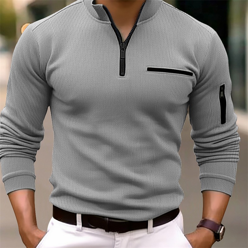 Amazon Men'S Fashion - เสื้อโปโลแขนยาวผู้ชายสไตล์เรโทรลายทางพร้อมซิป แบรนด์ Amazon New Light ดีไซน์หรูหราแบบลำลองสำหรับผู้ชาย