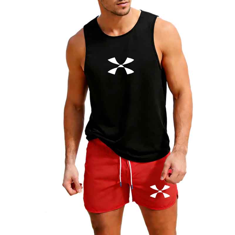 Mens Fashion Vest - ชุดกีฬาวิ่งออกกำลังกายกลางแจ้ง เสื้อกั๊ก+กางเกงขาสั้น 2 ชิ้น ชุดลำลองแฟชั่นฤดูร้อน ชุดเซ็ตชายหาดเล่นเซิร์ฟ