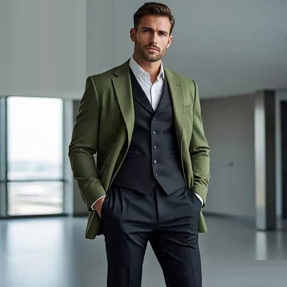 Mens Fashion Vest - ชุดสูทผู้ชายสีเขียวทหารและสีดำ แฟชั่นทางการ สำหรับงานแต่งงาน งานเลี้ยง เจ้าบ่าว เพื่อนเจ้าบ่าว