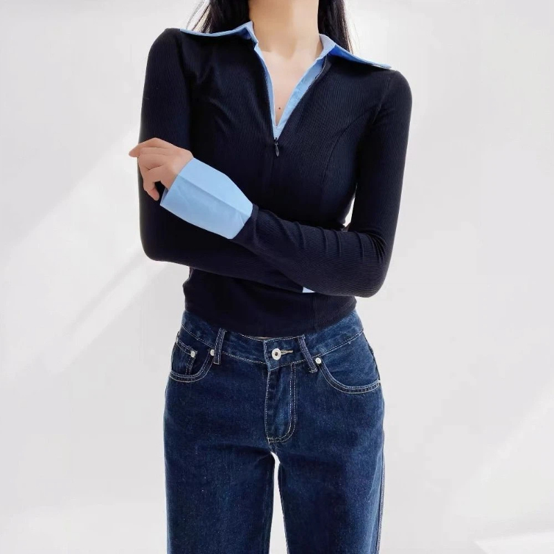 Polo Shirt Slim - เสื้อเชิ้ตคอโปโลแบบสองสีตัดต่อสไตล์เกาหลี แขนยาว เหมาะสำหรับใส่ทำงาน ฤดูใบไม้ผลิและฤดูใบไม้ร่วง เสื้อผู้หญิงแฟชั่นสวยหรู