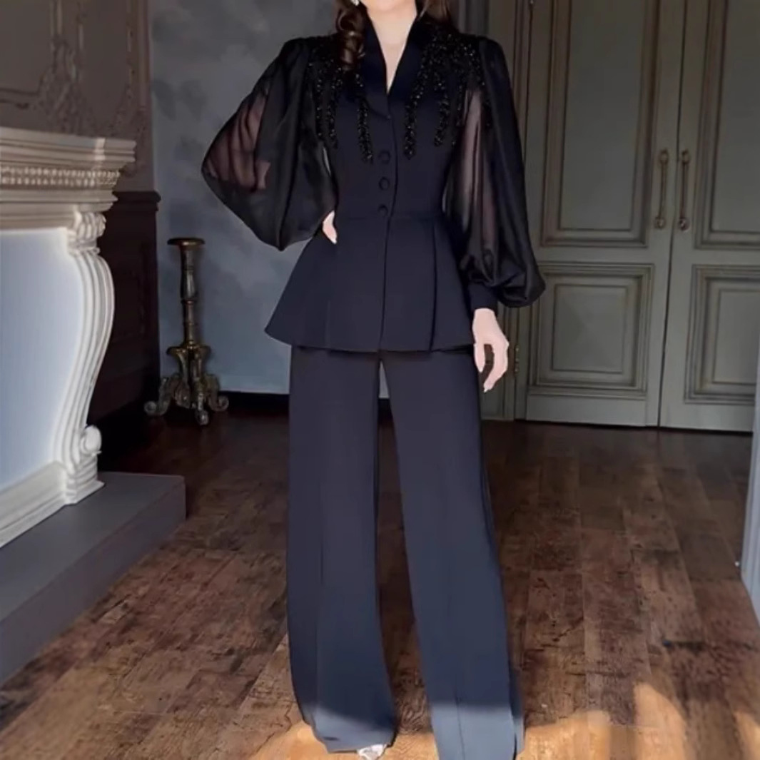 Men'S Fashion Pants 2025 - 2025 ฤดูใบไม้ผลิฤดูร้อนใหม่แฟชั่นผู้หญิงสีดําสบายๆอินเทรนด์ 2 ชิ้นชุดแขนยาว V คอเสื้อกางเกงขากว้าง