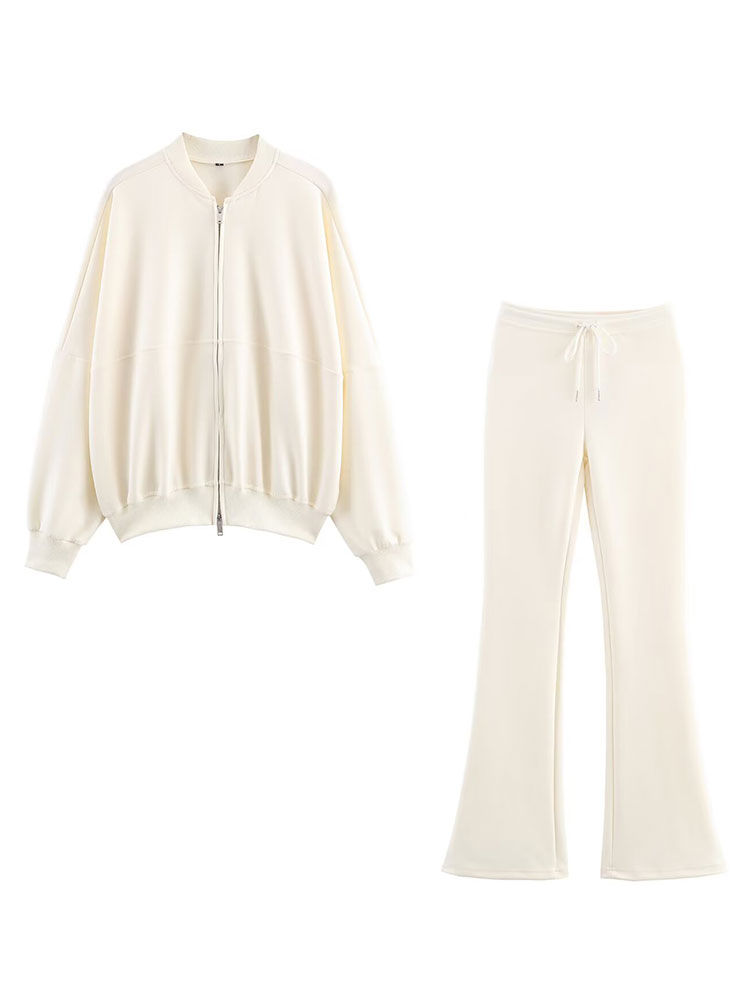 Bomber Jacket Men - ชุดเซ็ทผู้หญิง HH สไตล์หรูหรา กางเกงทรงบาน เสื้อแจ็คเก็ตแขนยาวทรงบอมเบอร์ กางเกงขายาวมีเชือกผูก