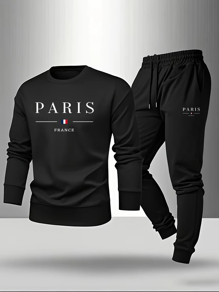 Paris Fashion Men - ชุดเซ็ตเสื้อและกางเกงขายาวพิมพ์ลายปารีสสำหรับผู้ชาย ชุดลำลองฤดูใบไม้ร่วง ชุดแฟชั่นผู้ชาย ฮู้ดดี้คอกลม ชุดเสื้อสเวตเชิ้ตหรือกางเกงขายาวเดี่ยว