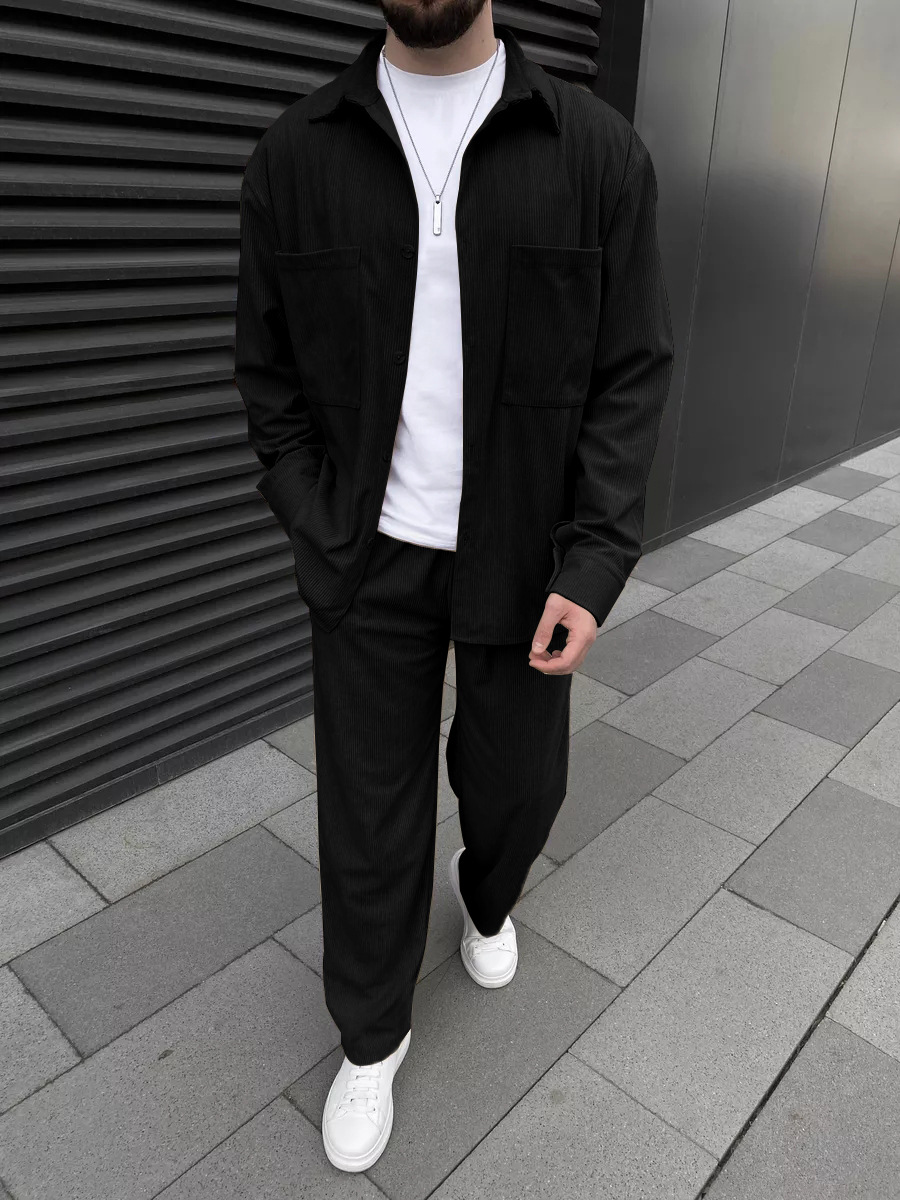 Men'S Fashion Outfits - ชุดเซ็ตสองชิ้นผ้าลูกฟูกสำหรับผู้ชาย: เสื้อเชิ้ตแขนยาวติดกระดุมและกางเกงขายาวทรงขากว้าง ชุดลำลองแฟชั่นสไตล์สตรีทสปอร์ต