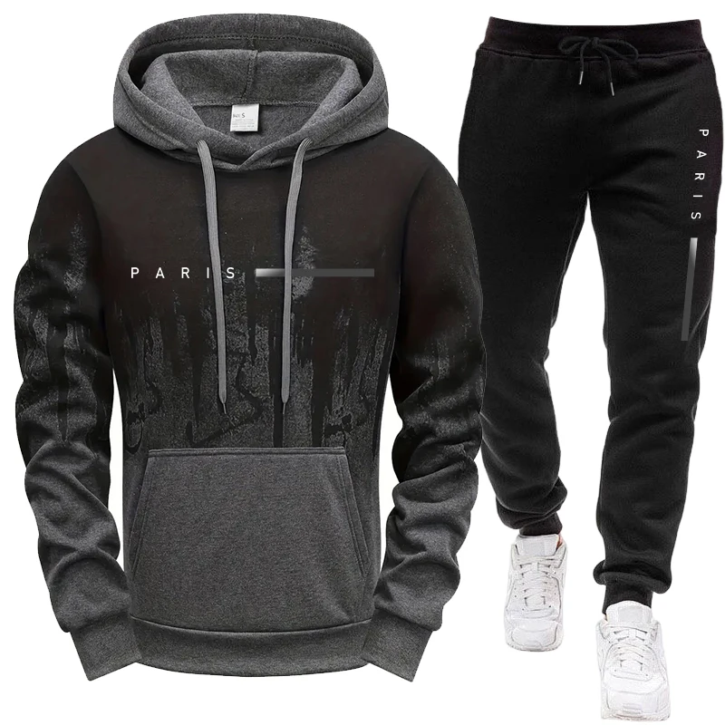Paris Fashion Men - ชุดเซ็ตผู้ชาย/เสื้อฮู้ด/กางเกงขายาว ปารีส ใหม่ล่าสุด ชุดลำลองมีฮู้ดสำหรับฤดูใบไม้ร่วงและฤดูหนาว ชุดกีฬาแฟชั่นลำลอง เสื้อสเวตเชิ้ตและกางเกงสเวตแพนท์