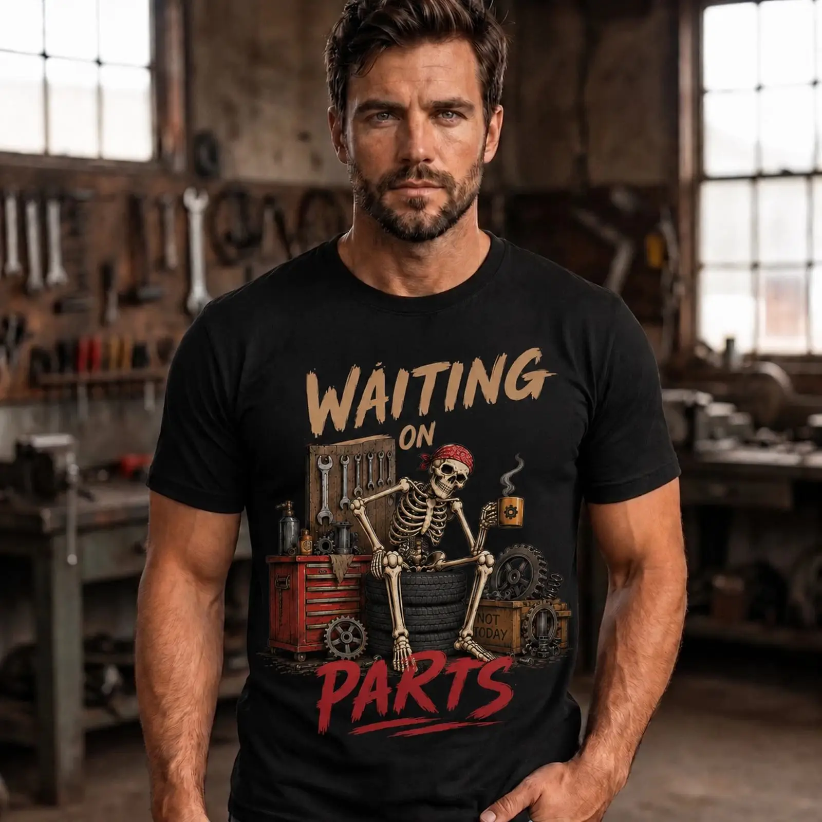 Men'S Fashion Garage - เสื้อยืดลายมีมช่างเครื่องโครงกระดูก ข้อความตลกเกี่ยวกับการรออะไหล่ วินเทจ ซักแล้ว แฟชั่น สวมใส่สบาย