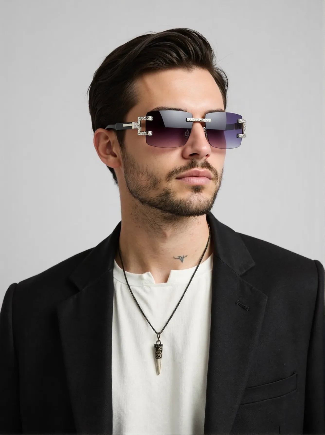 Men'S Fashion Rimless Glasses - แว่นกันแดดแฟชั่นขาไม้ย้อนยุคเทรนด์แว่นตาไร้ขอบเพชรการถ่ายภาพถนน
