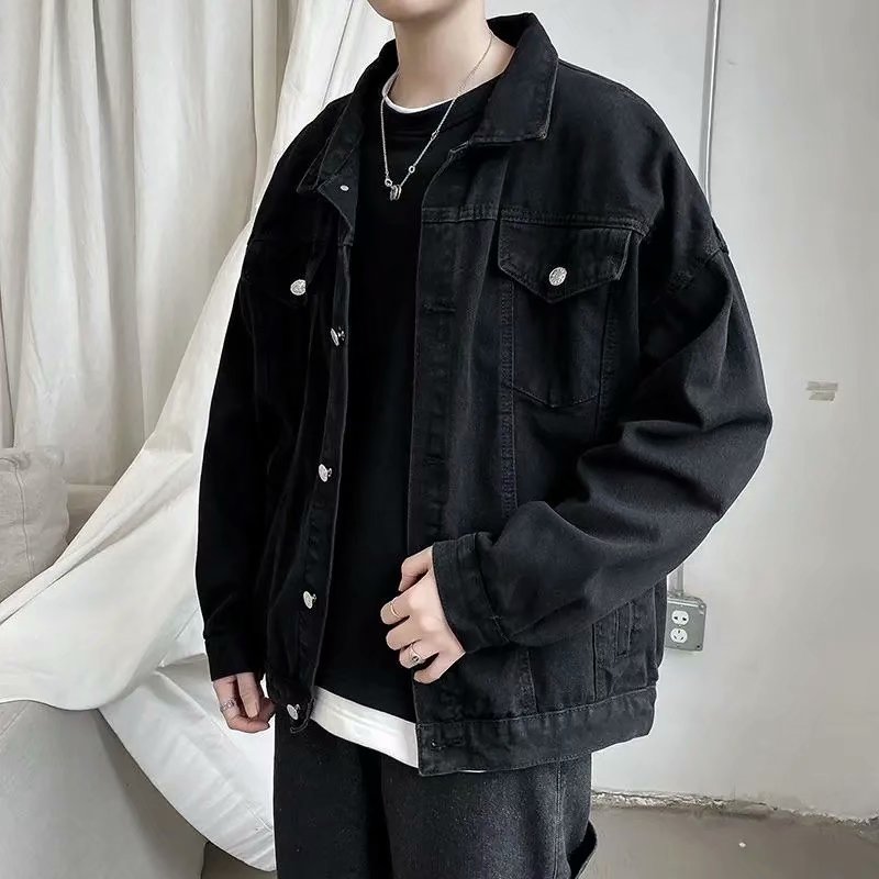 Bomber Jacket Men - สีดำ Denim แจ็คเก็ตสั้นผู้ชายกางเกงยีนส์แจ็คเก็ต Windbreaker สบายๆกระเป๋า Overalls