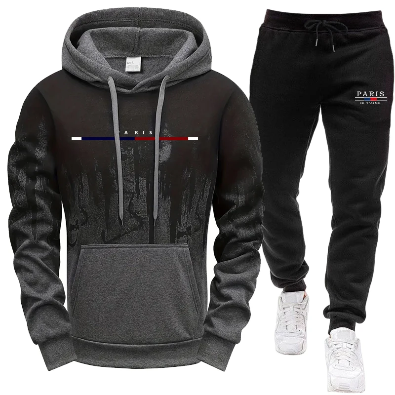 Paris Fashion Men - ชุดผู้ชาย/เสื้อฮู้ด/กางเกง ชุดสเวตเตอร์มีฮู้ดและกางเกงสเวตแพนท์สำหรับฤดูใบไม้ร่วงและฤดูหนาว ชุดกีฬาสำหรับกิจกรรมกลางแจ้ง แฟชั่นลำลองสไตล์ปารีส