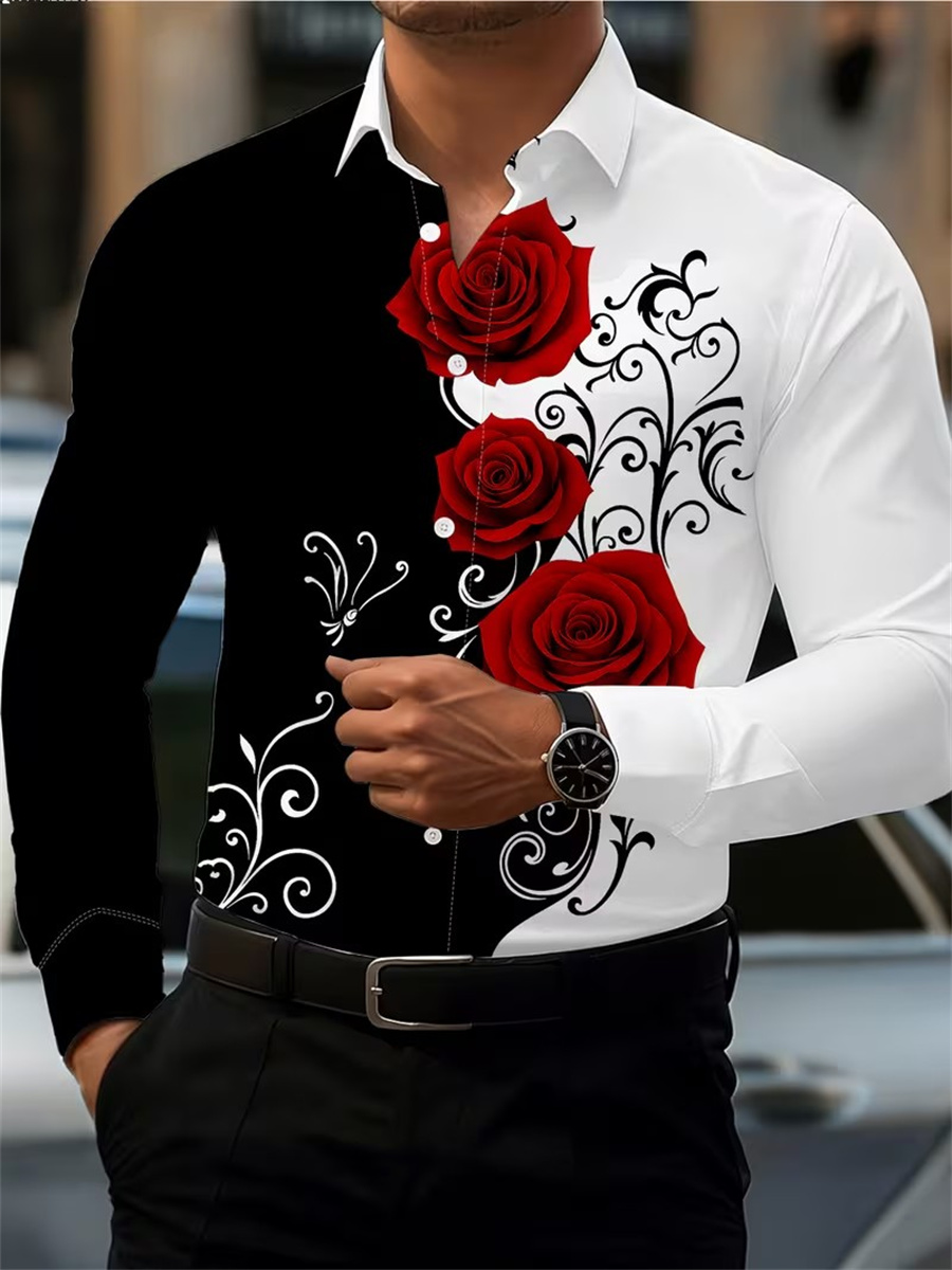 Men'S Fashion Outfits - เสื้อเชิ้ตแขนยาวพิมพ์ลายดอกกุหลาบสีแดงสำหรับผู้ชาย ทันสมัยและลำลอง