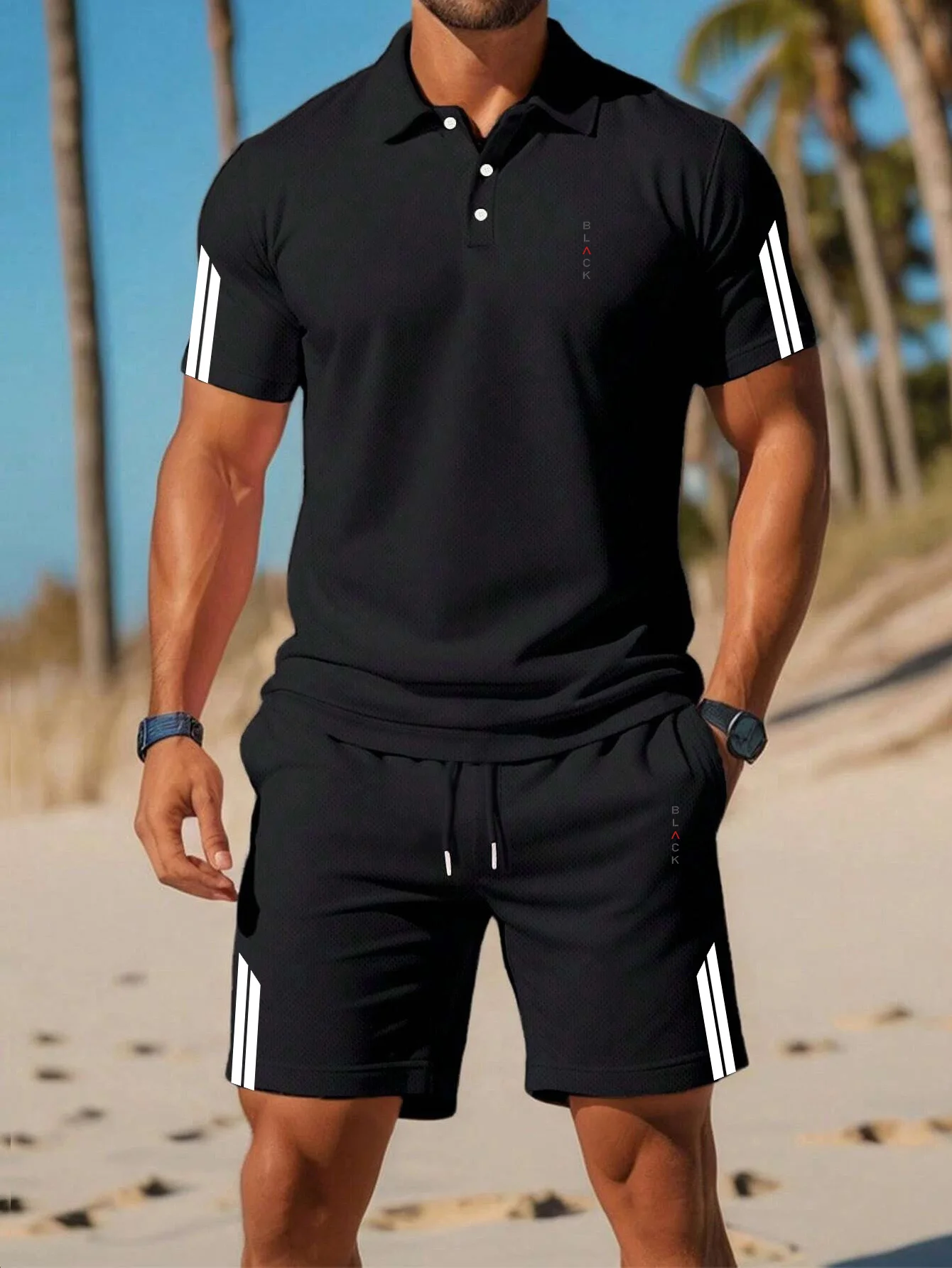 Polo Shirt Slim - ชุดเสื้อโปโลผู้ชายใหม่สำหรับฤดูร้อน ลายพิมพ์เส้นเรขาคณิตเรียบง่าย ทรงเข้ารูป ระบายอากาศได้ดี ชุดเสื้อแขนสั้นและกางเกงขาสั้นสีพื้น