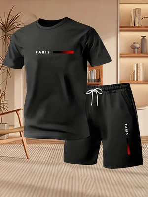Paris Fashion Men - ชุดเซ็ต 2 ชิ้น เสื้อยืดแขนสั้น+กางเกงขาสั้นสำหรับผู้ชาย ลายพิมพ์ตัวอักษรปารีส ดีไซน์เรียบง่ายทันสมัย