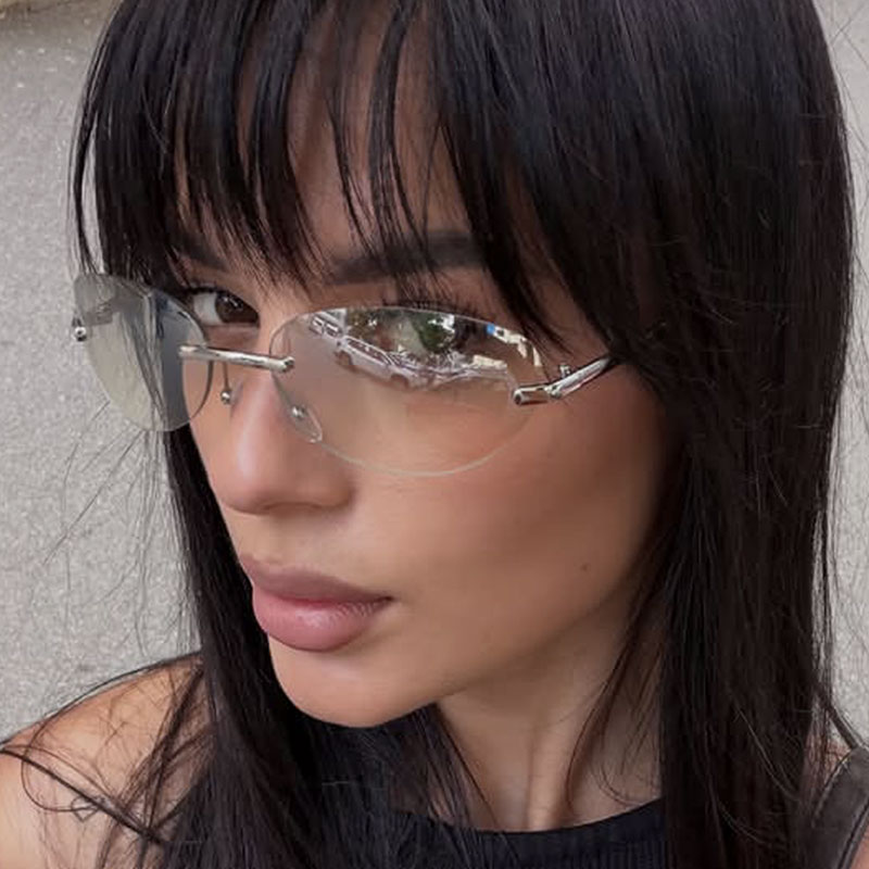 Men'S Fashion Rimless Glasses - แว่นกันแดดทรงวงรีไร้กรอบสำหรับผู้ชายผู้หญิงแฟชั่น UV400 แว่นตาขับรถ Y2K ไร้กรอบไล่เฉดสีแว่นตาอินเทรนด์แว่นกันแดดทรงแคทอาย