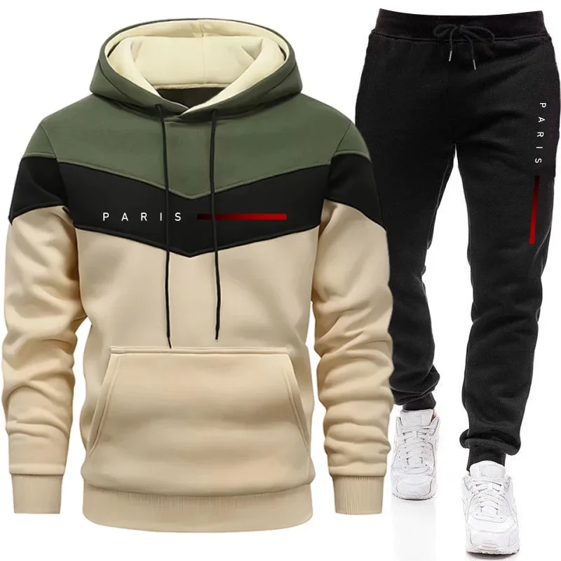 Paris Fashion Men - ชุดฮู้ดดี้แฟชั่นผู้ชายสไตล์ปารีส เสื้อฮู้ดและกางเกงจ็อกเกอร์ลำลองสำหรับใส่ในชีวิตประจำวัน ชุดวอร์มเทรนด์เมืองสำหรับผู้ชาย