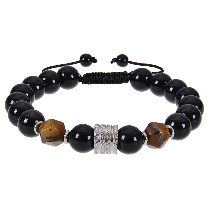 Amazon Men'S Fashion - สร้อยข้อมือผู้ชายสแตนเลสข้ามพรมแดน Amazon 10 มม. สร้อยข้อมือถักแม่เหล็กสีดําสร้อยข้อมือหินเหลี่ยมเพชรพลอย