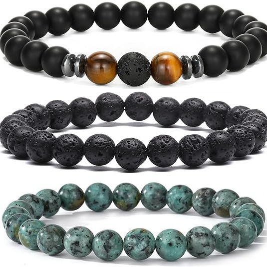 Amazon Men'S Fashion - สินค้าขายดีบน Amazon ชุดสร้อยข้อมือคู่รักชายหญิงทำจากหินธรรมชาติขนาด 8 มม. สร้อยข้อมือหินตาเสือและเทอร์ควอยซ์